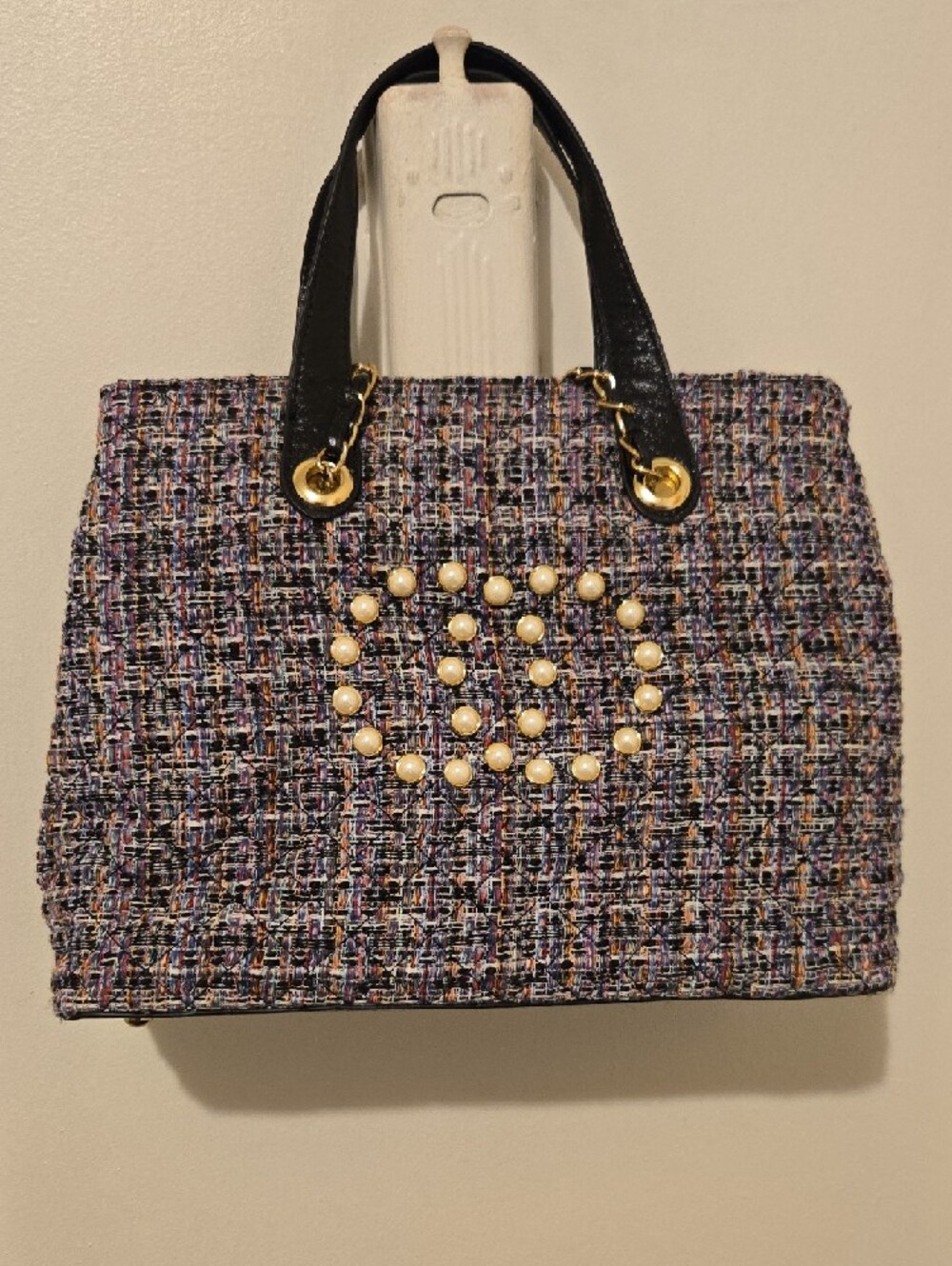 Pearl-Embellished Tweed Tote Bag - Multicolor